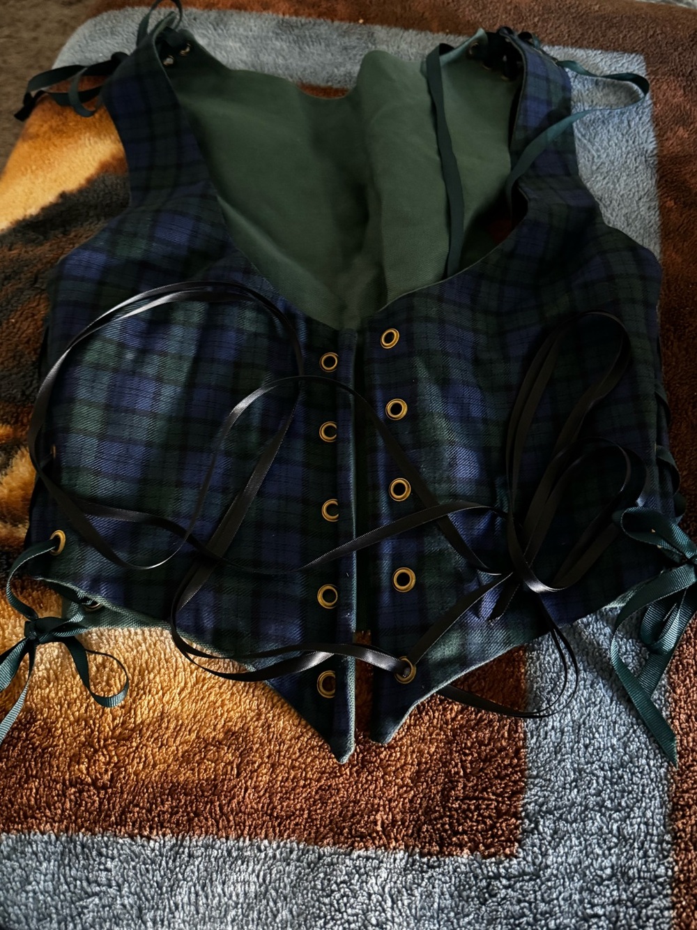 Green and Navy Plaid Lace-Up Corset Top